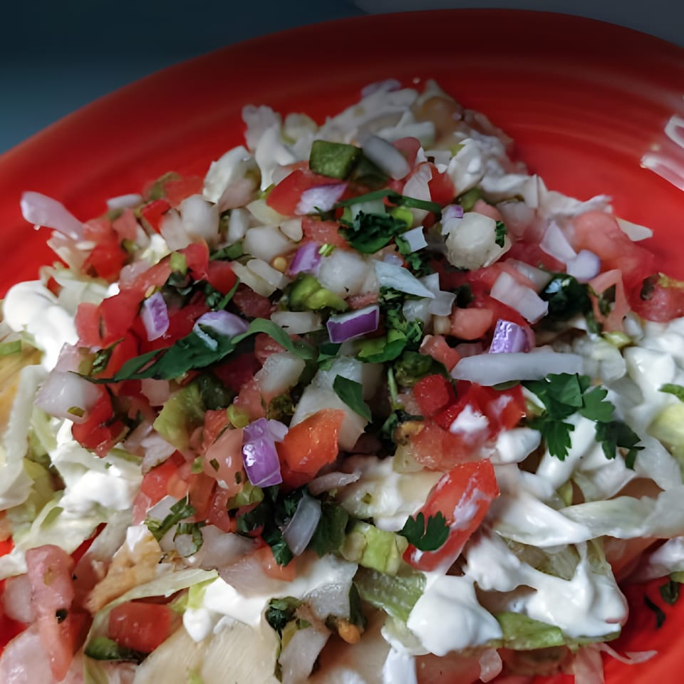 A vibrant Mexican dish with diced tomatoes, onions, cilantro, and sour cream on a red plate.